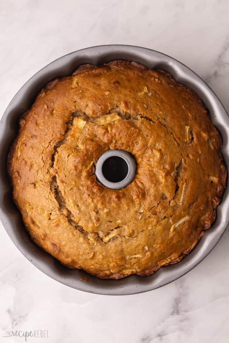 baked apple bundt cake in pan.