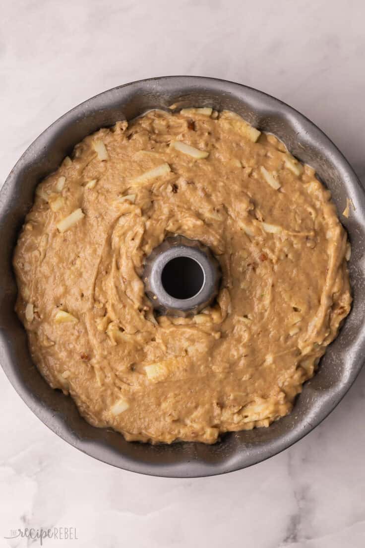 cake batter in bundt cake pan ready to be baked.
