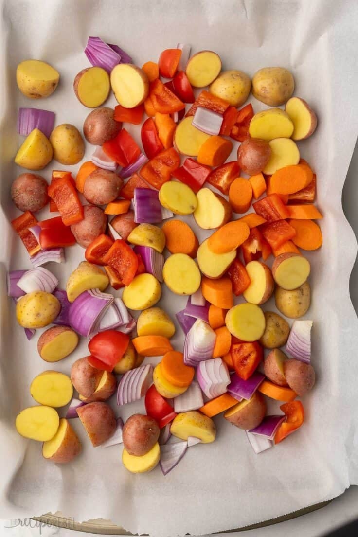 chopped vegetables on parchment paper.