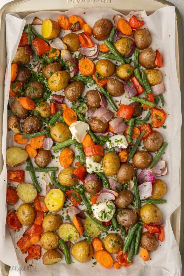 butter added to pan of roasted vegetables.