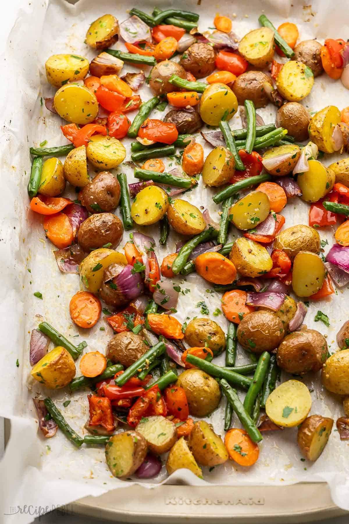 a large pan filled with roasted vegetables.
