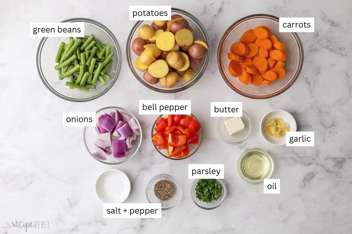 ingredients needed for roasted vegetables in bowls.