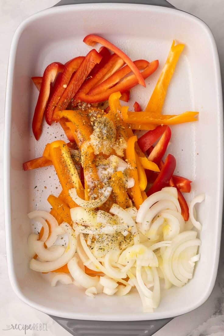 chopped vegetables and spices in baking dish.