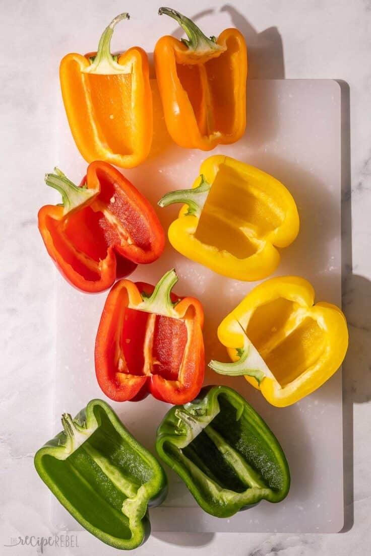 chopped peppers on a cutting board.