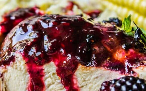 close up of grilled chicken with blackberry balsamic glaze
