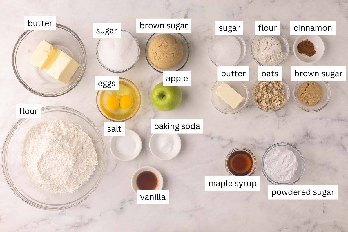 ingredients need for apple crisp cookies with labels.