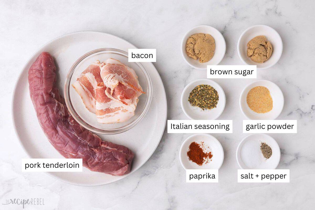 ingredients needed for bacon wrapped pork tenderloin in bowls and plate.