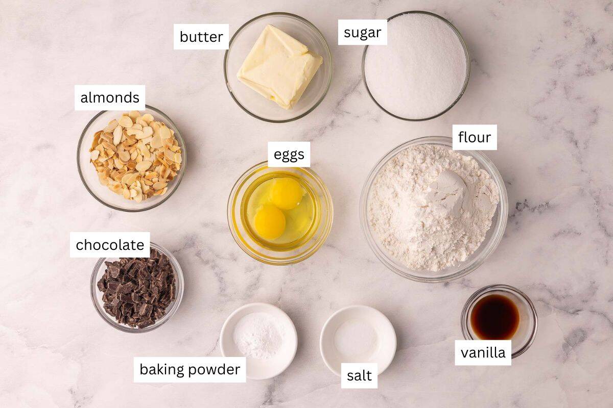 These Chocolate Almond Biscotti cookies are twice-baked Italian cookies made with basic pantry staples and can be customized with your favorite add-ins. So easy to make and perfect for dunking in a cup of coffee! #cookie #dessert #recipe | baking recipe | almond biscotti recipe | biscotti cookies | almond cookies | dark chocolate | christmas cookies | italian biscotti ingredients needed for biscotti in bowls.