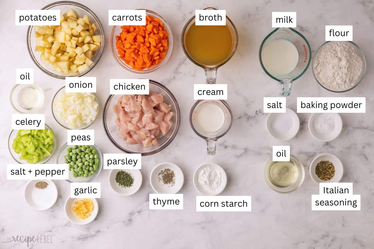 ingredients needed for chicken and dumplings on a white background with labels.