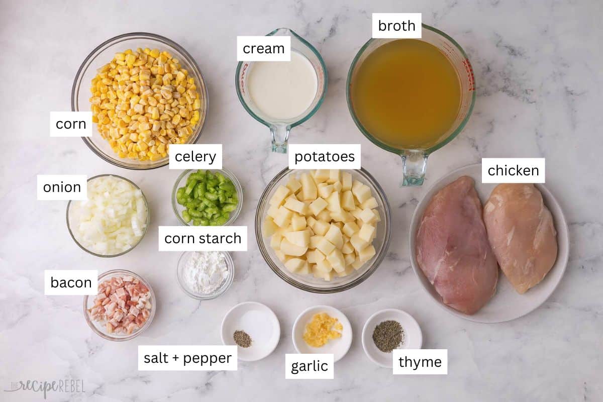 ingredients needed for chicken corn chowder in bowls and plate.