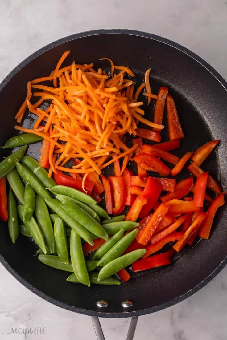 raw vegetables in black frying pan.