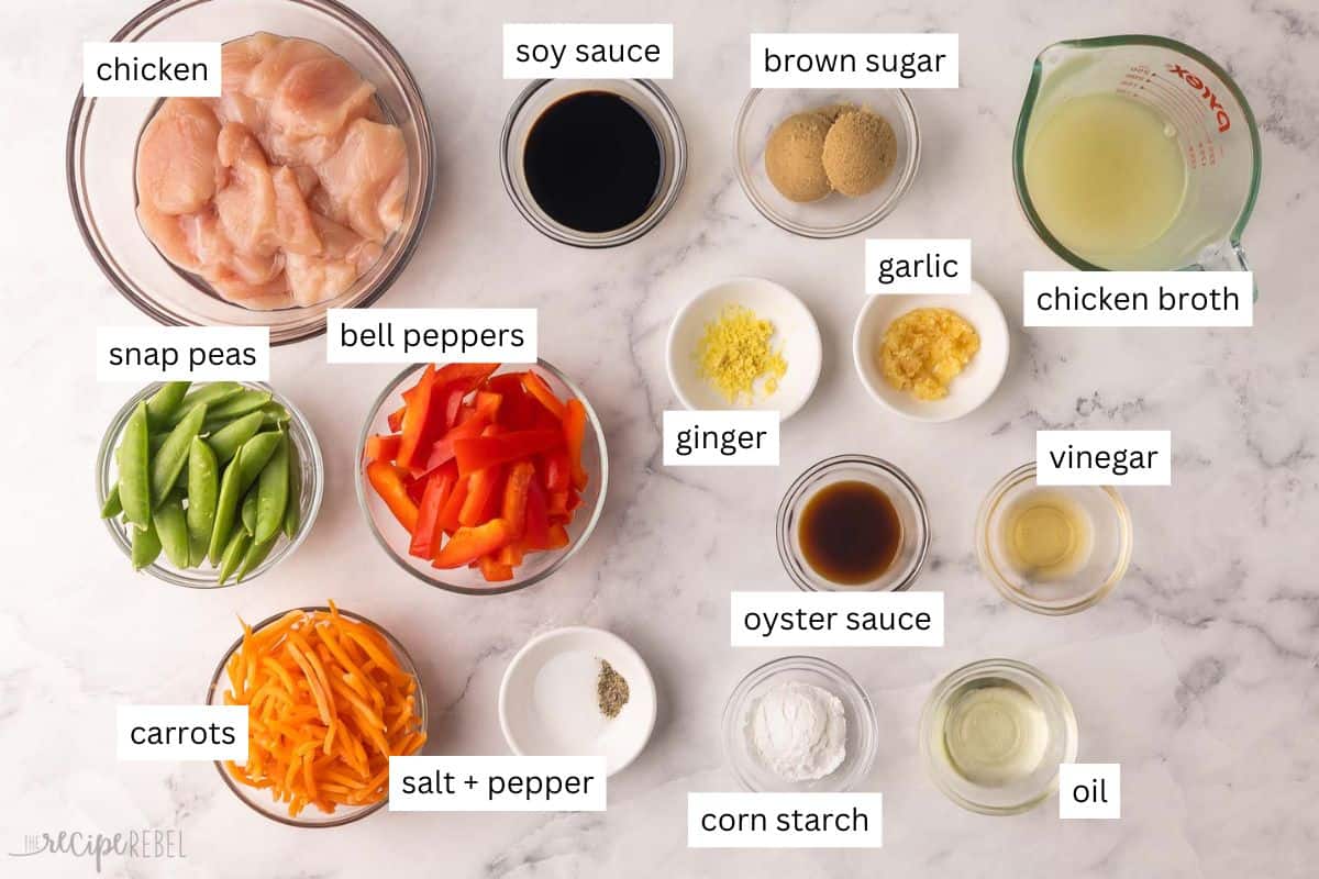 ingredients needed for chicken stirfry in bowls.