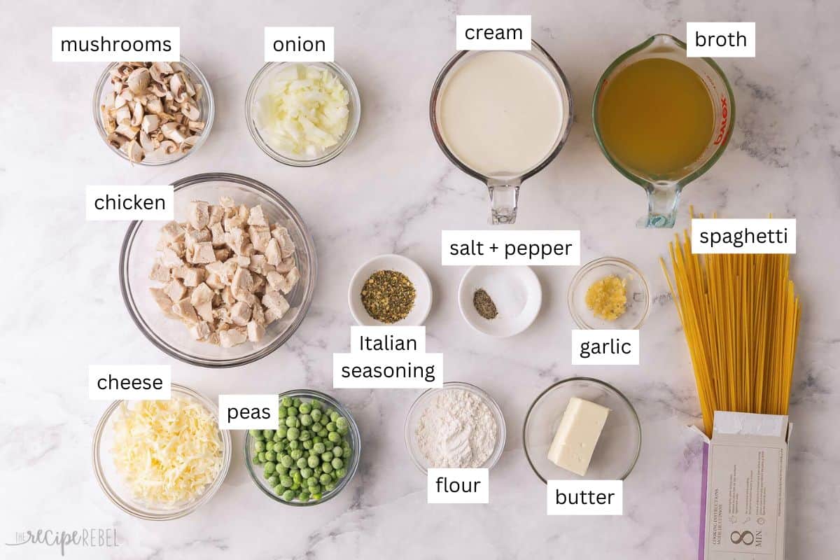 ingredients needed for chicken tetrazzini in bowls.