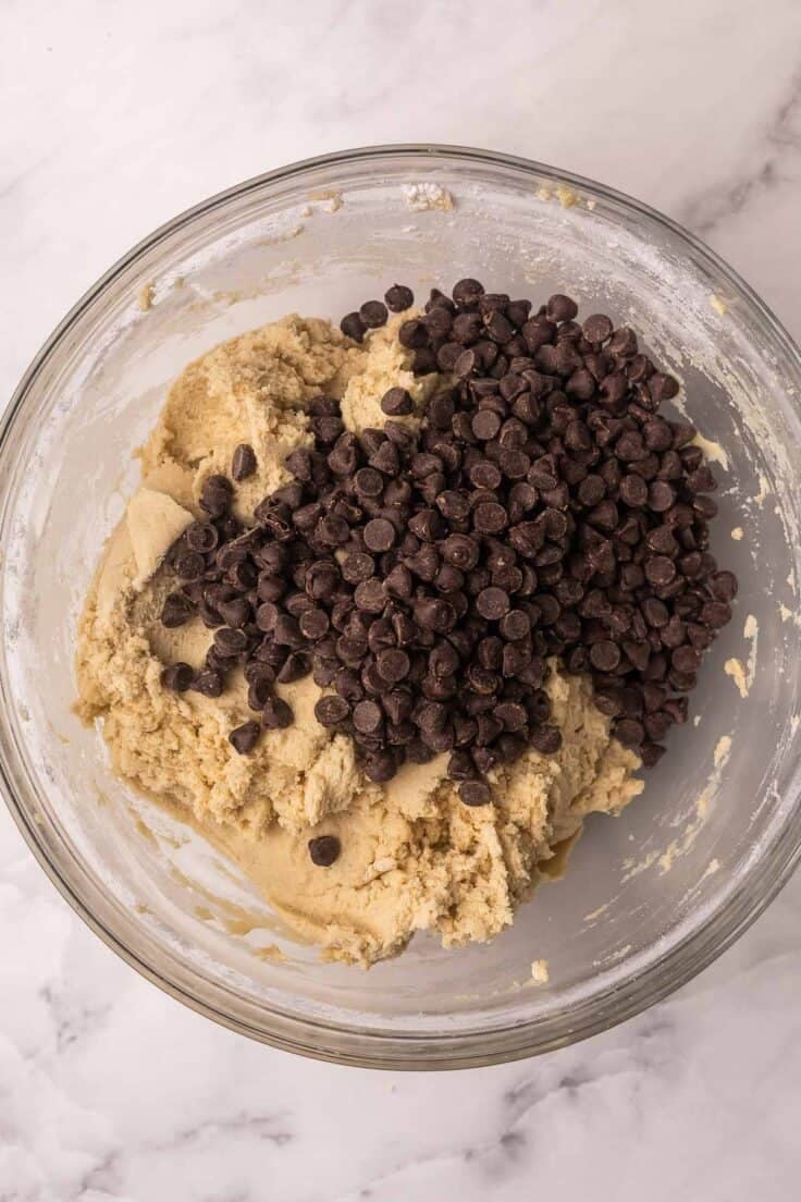 chocolate chips added to dough in mixing bowl.