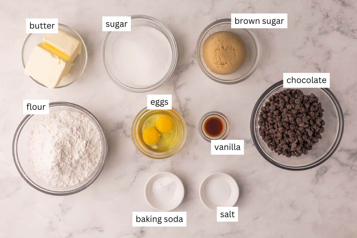 ingredients needed for chocolate chip cookie bars in bowls.