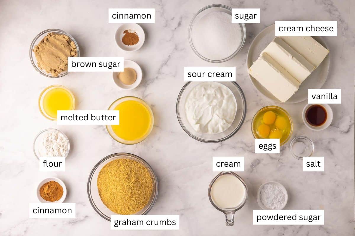 ingredients needed for cinnamon roll cheesecake in bowls.