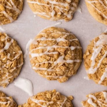 glazed coffee cake cookies on parchment paper.