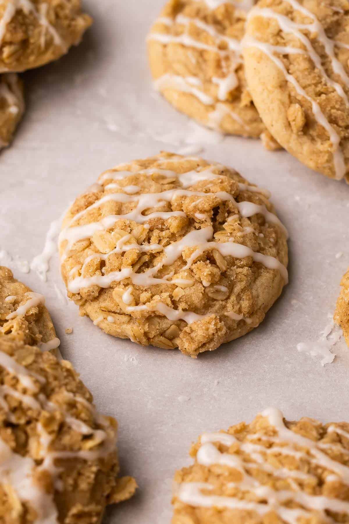glazed coffee cake cookies on parchment paper.