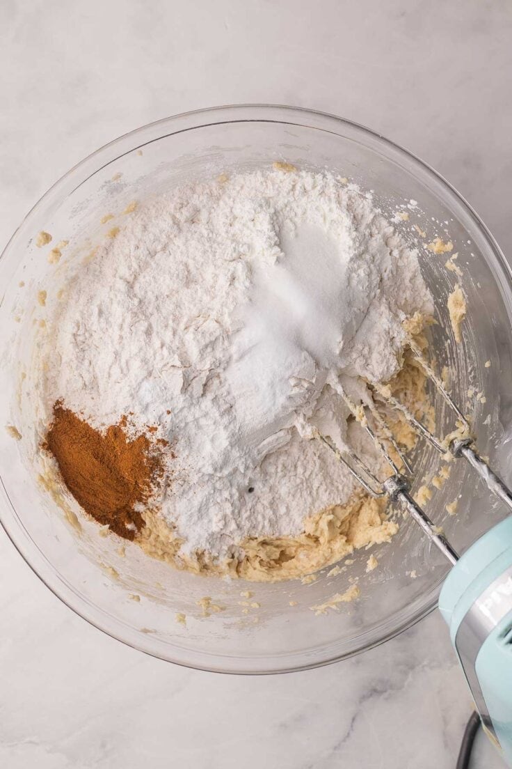 dry ingredients added to glass mixing bowl.