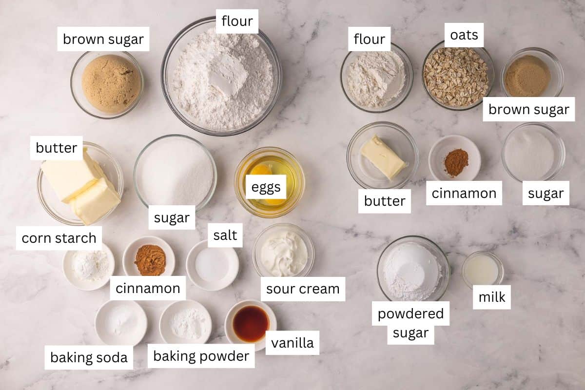 ingredients needed for coffee cake cookies in bowls.