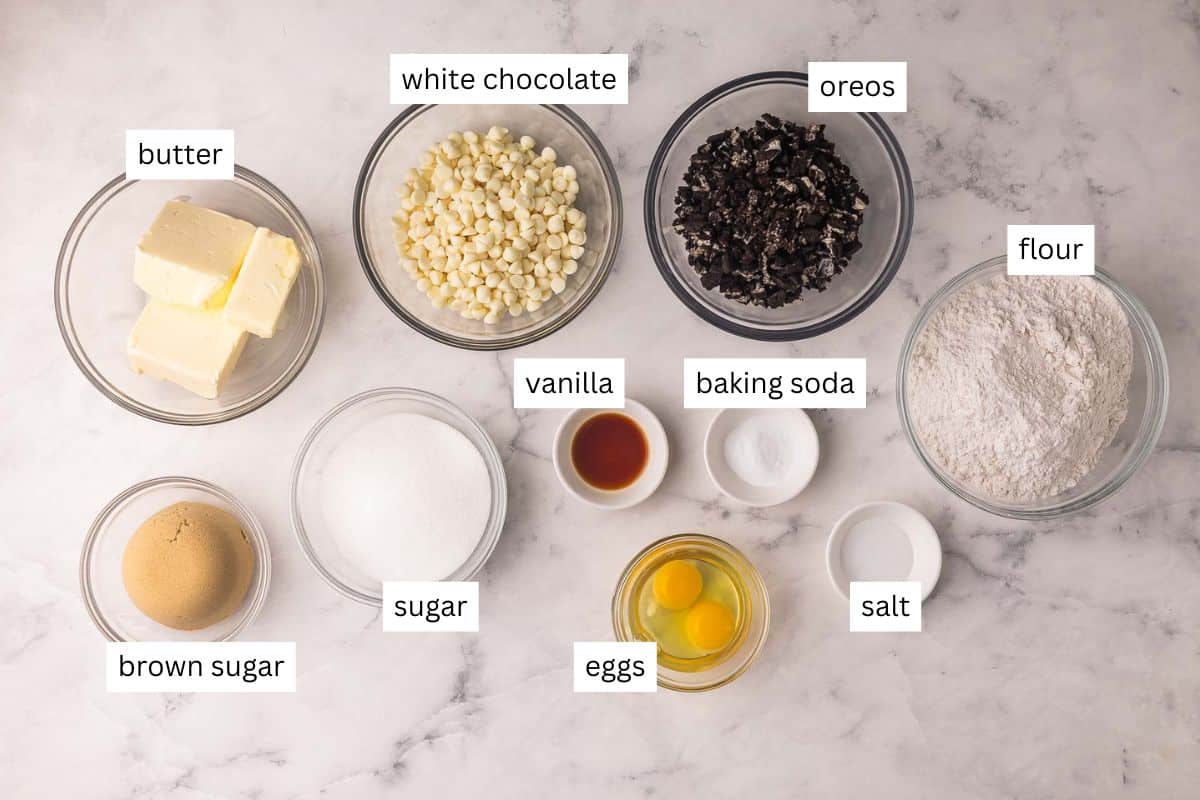 ingredients needed for cookies and cream cookies in bowls.