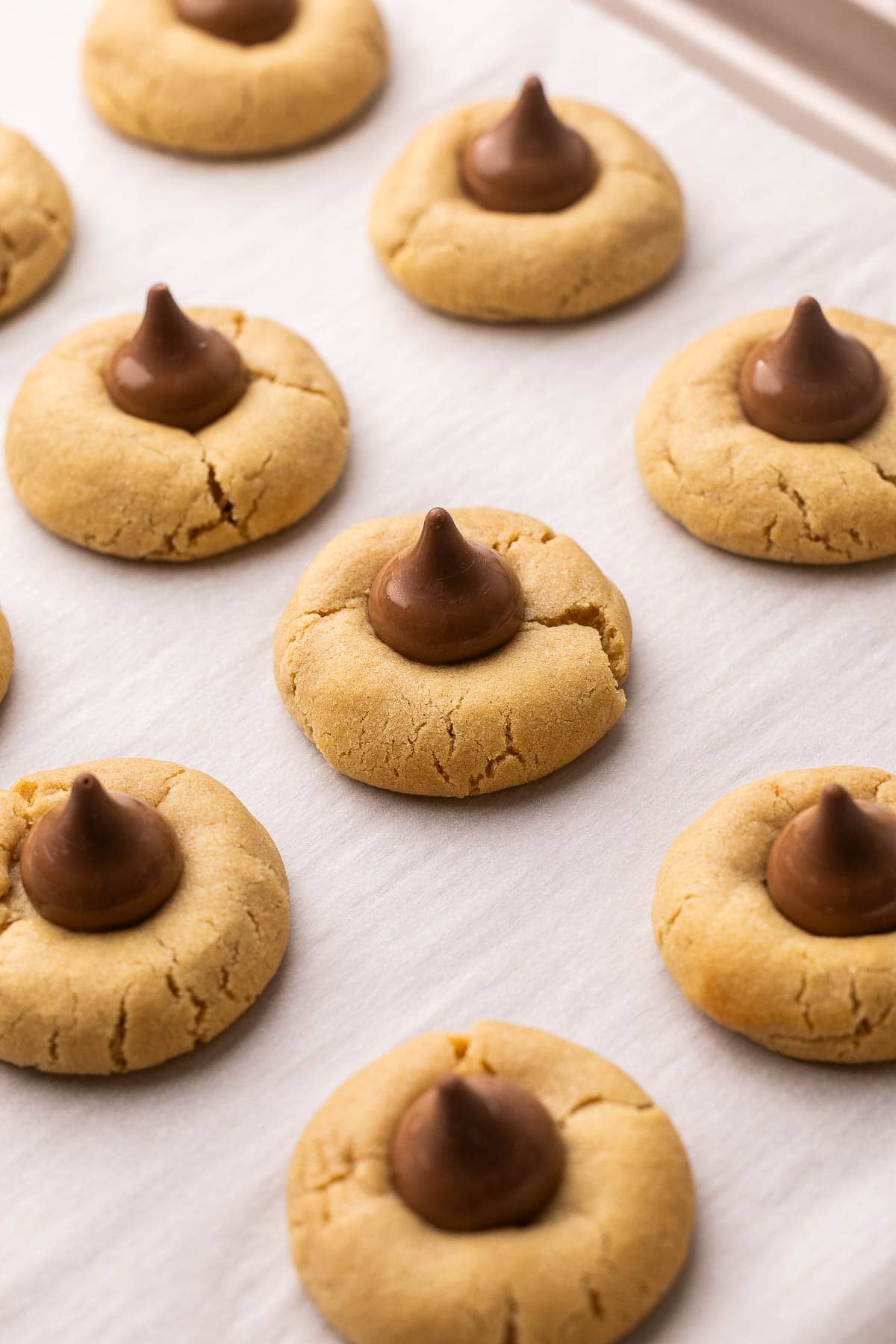 Peanut Butter Blossoms are made with a chewy peanut butter cookie base and a chocolate kiss pressed into the middle. They’re ready in just over 30 minutes and are the perfect nostalgic cookies for holidays, parties, or just because. #cookies #baking #dessert | cookie recipe | cookies | peanut butter cookies | peanut butter recipes | peanut butter chocolate peanut butter blossoms on parchment paper.