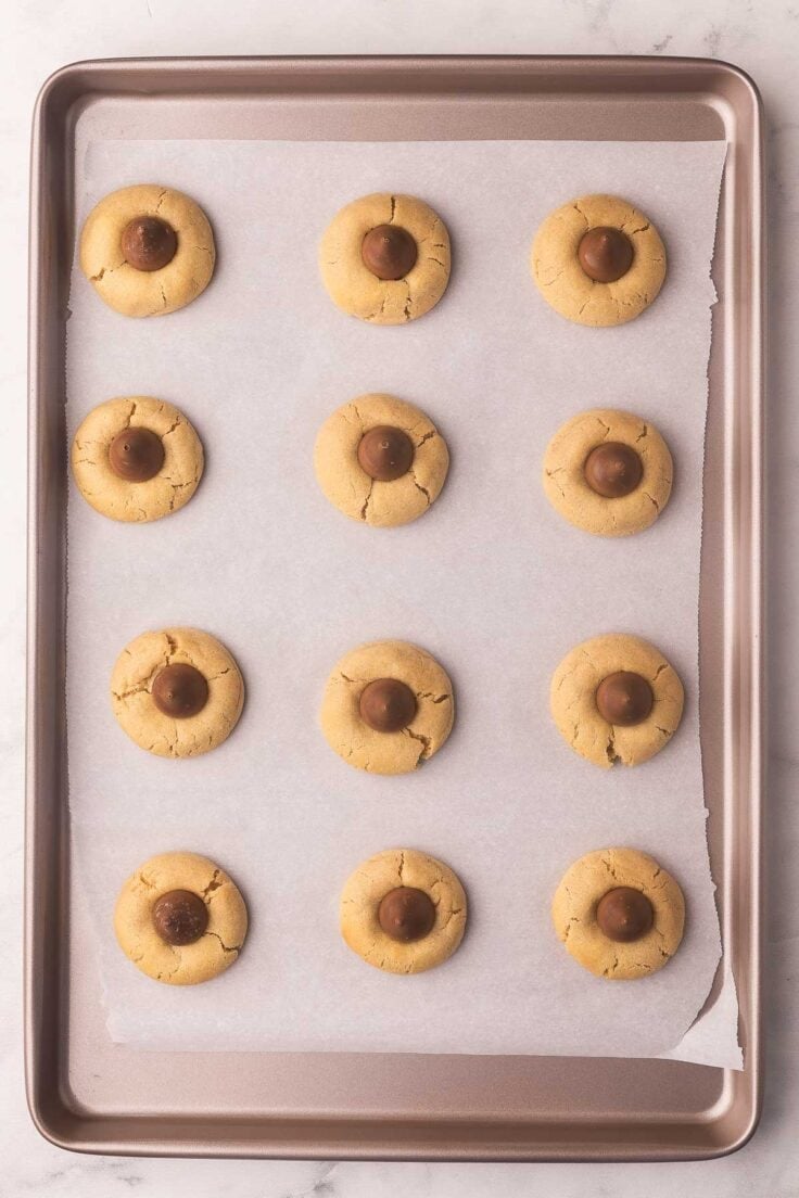 a cookie sheet with twelve peanut butter blossom cookies on it.