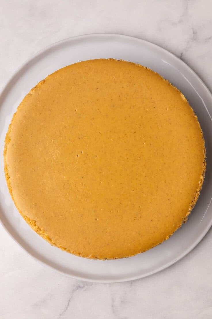 overhead view of a pumpkin cheesecake on a white plate.