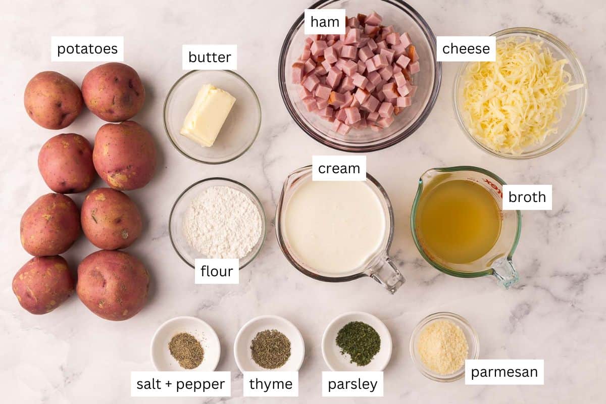 ingredients needed for scalloped potatoes and ham in bowls.