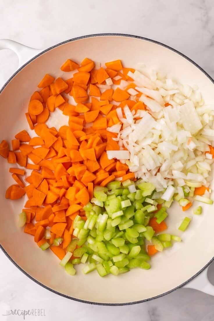 chopped vegetables in white skillet.