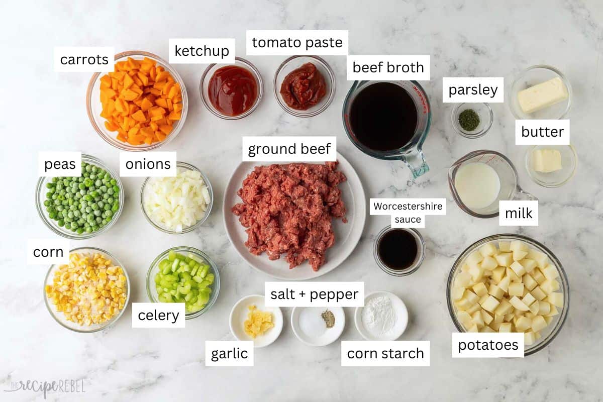 ingredients needed for shepherds pie in bowls and plate.