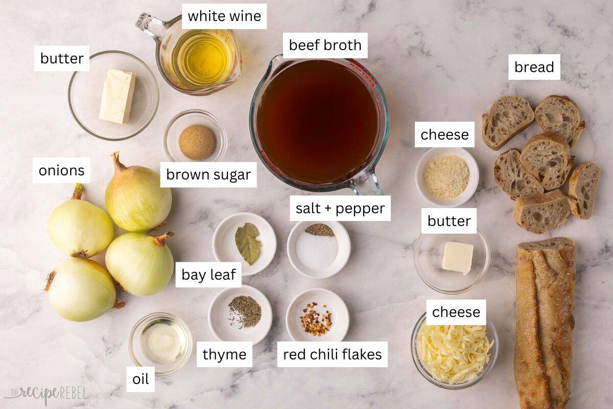 ingredients needed for slow cooker french onion soup in bowls.