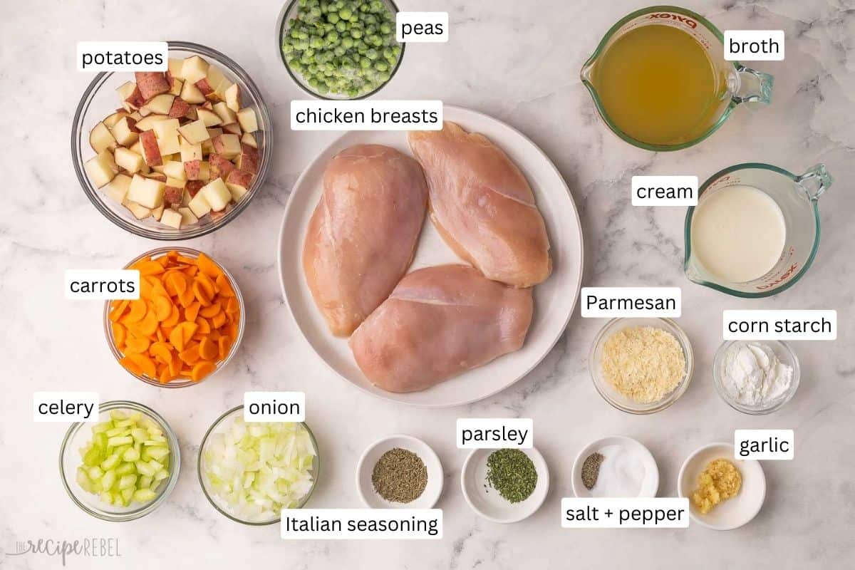 ingredients needed for slow cooker garlic parmesan chicken stew in bowls and plate.