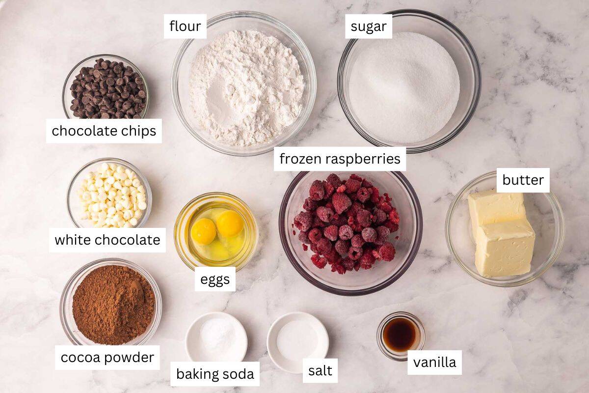 ingredients needed for triple chocolate raspberry cookies in bowls.