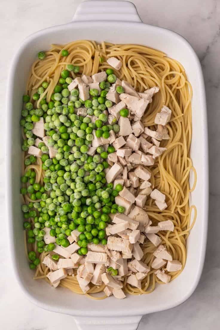 frozen peas and turkey added to other ingredients in baking dish.