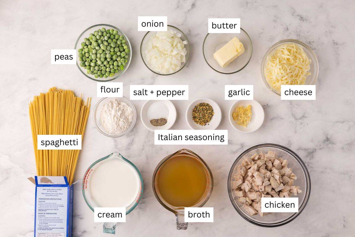 ingredients needed for turkey tetrazzini in bowls.