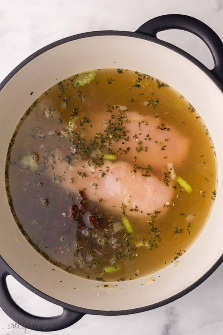 broth and chicken added to pot of other ingredients.