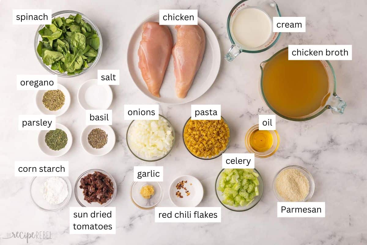 ingredients needed for tuscan chicken noodle soup in bowls.