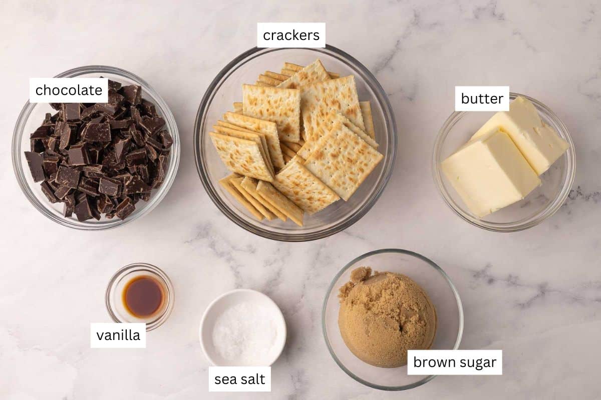 ingredients needed for Christmas cracker toffee in bowls.
