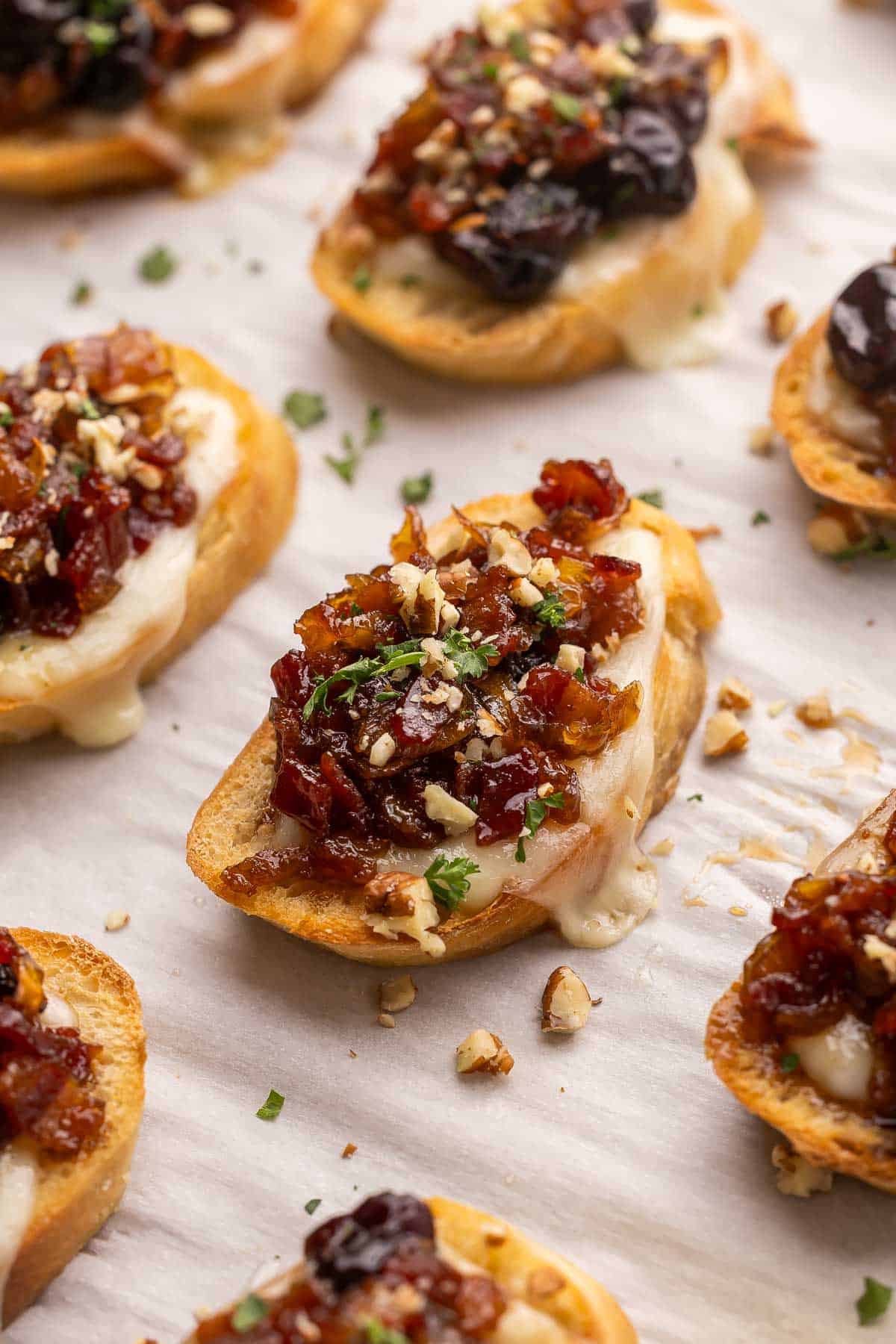 pan full of cranberry bacon jam crostini.