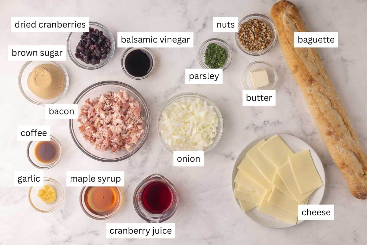 ingredients needed for cranberry bacon jam crostini in bowls and plate.