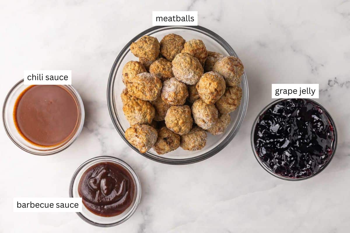ingredients needed for grape jelly meatballs in bowls.