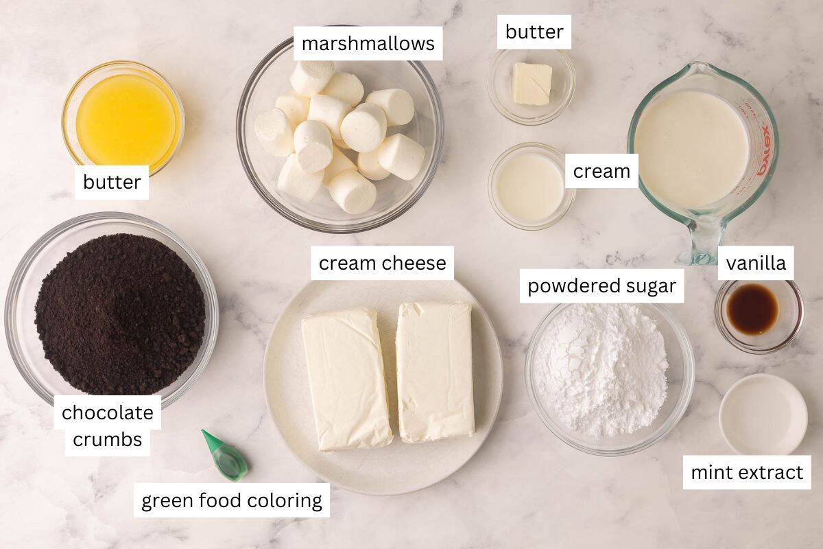 ingredients needed for grasshopper pie in bowls and plate.