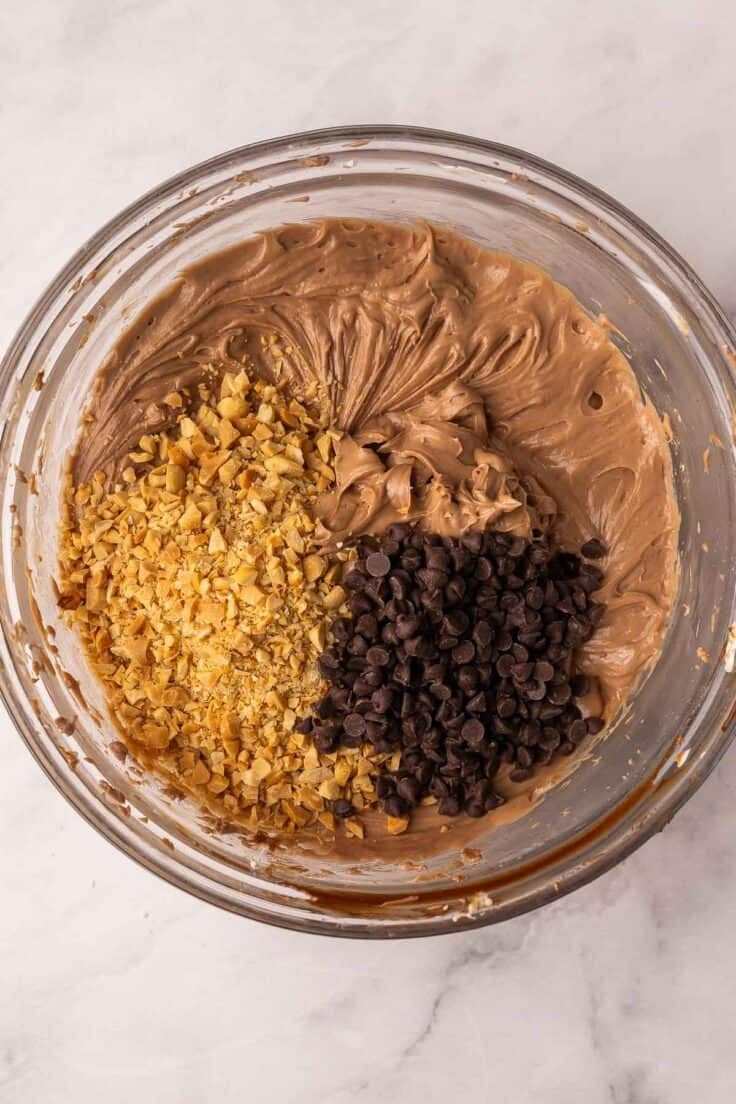 chocolate chips added to other snickers cheeseball ingredients.