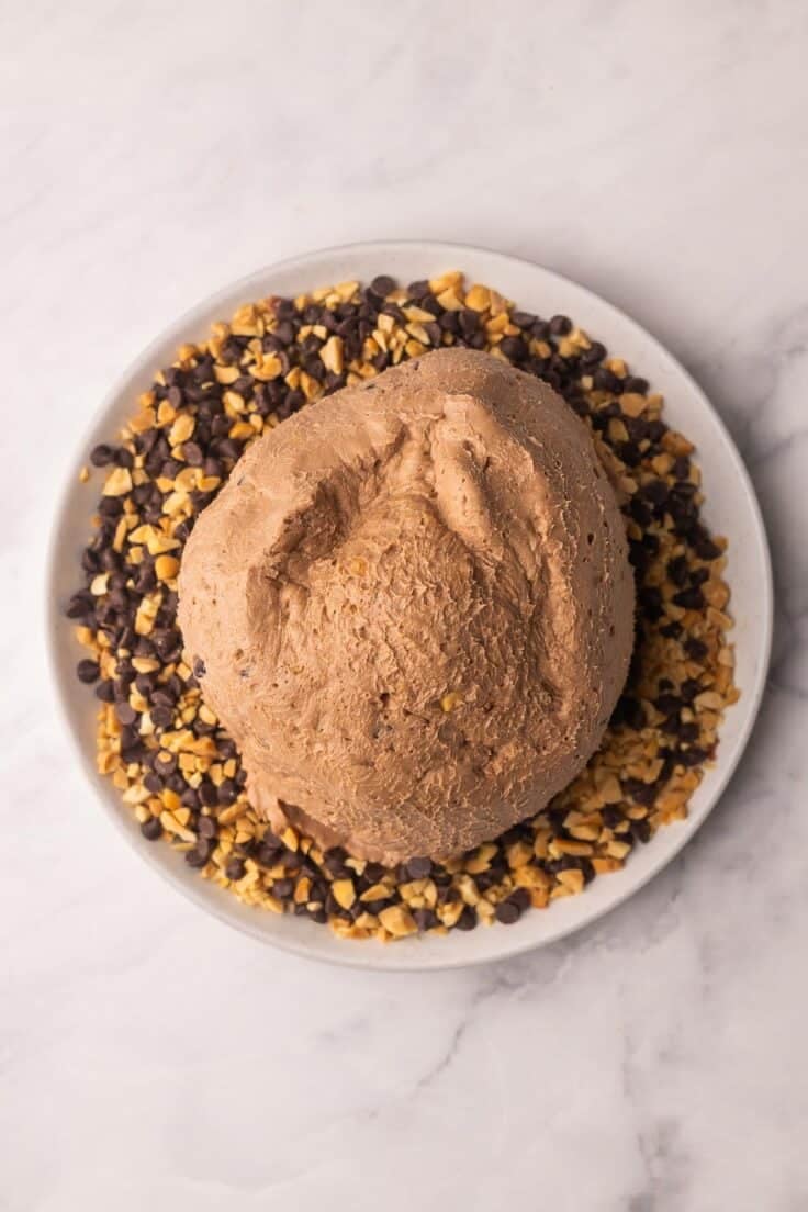 cheeseball on a plate with chopped nuts and chocolate chips.