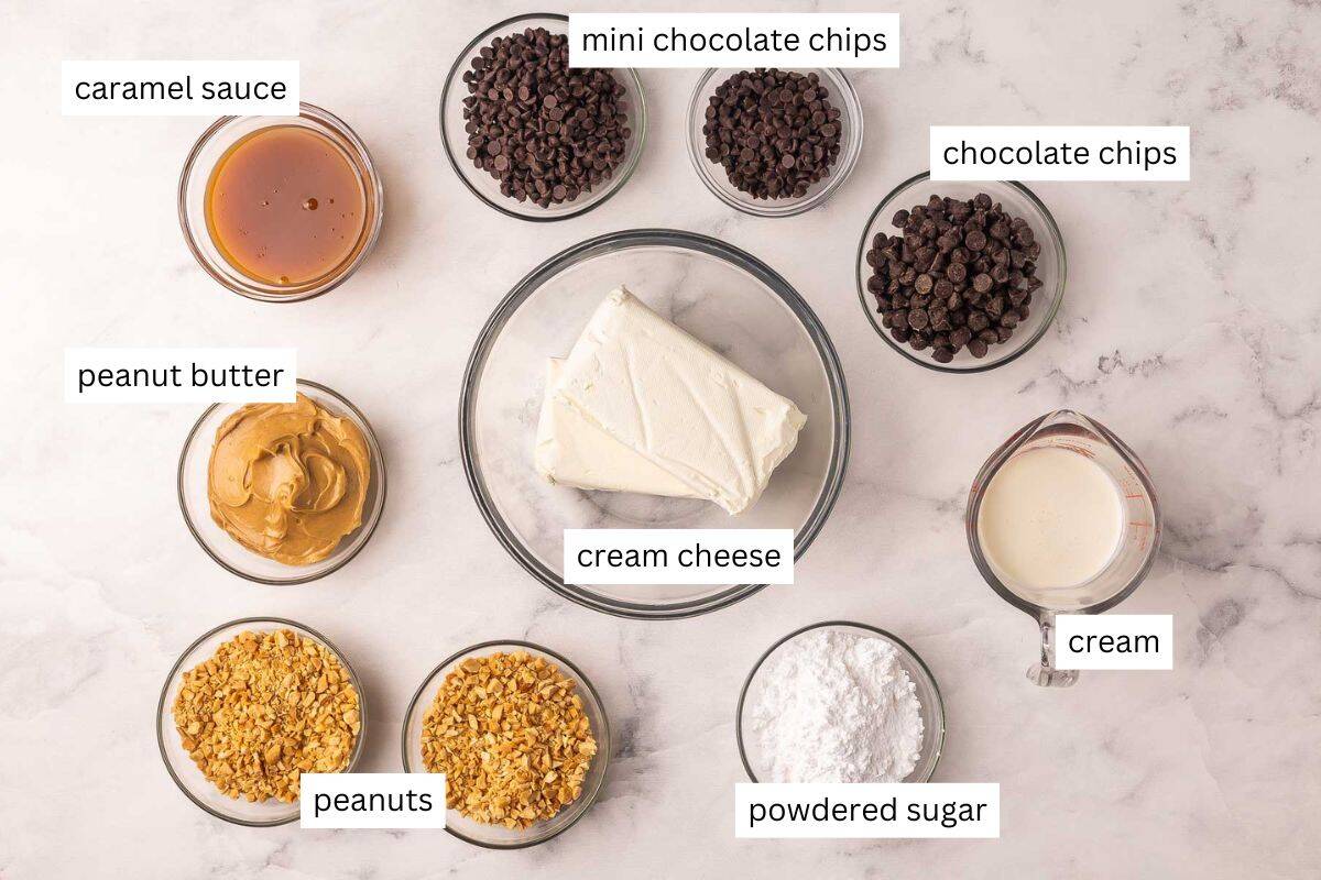 ingredients needed for snickers cheeseball in bowls.