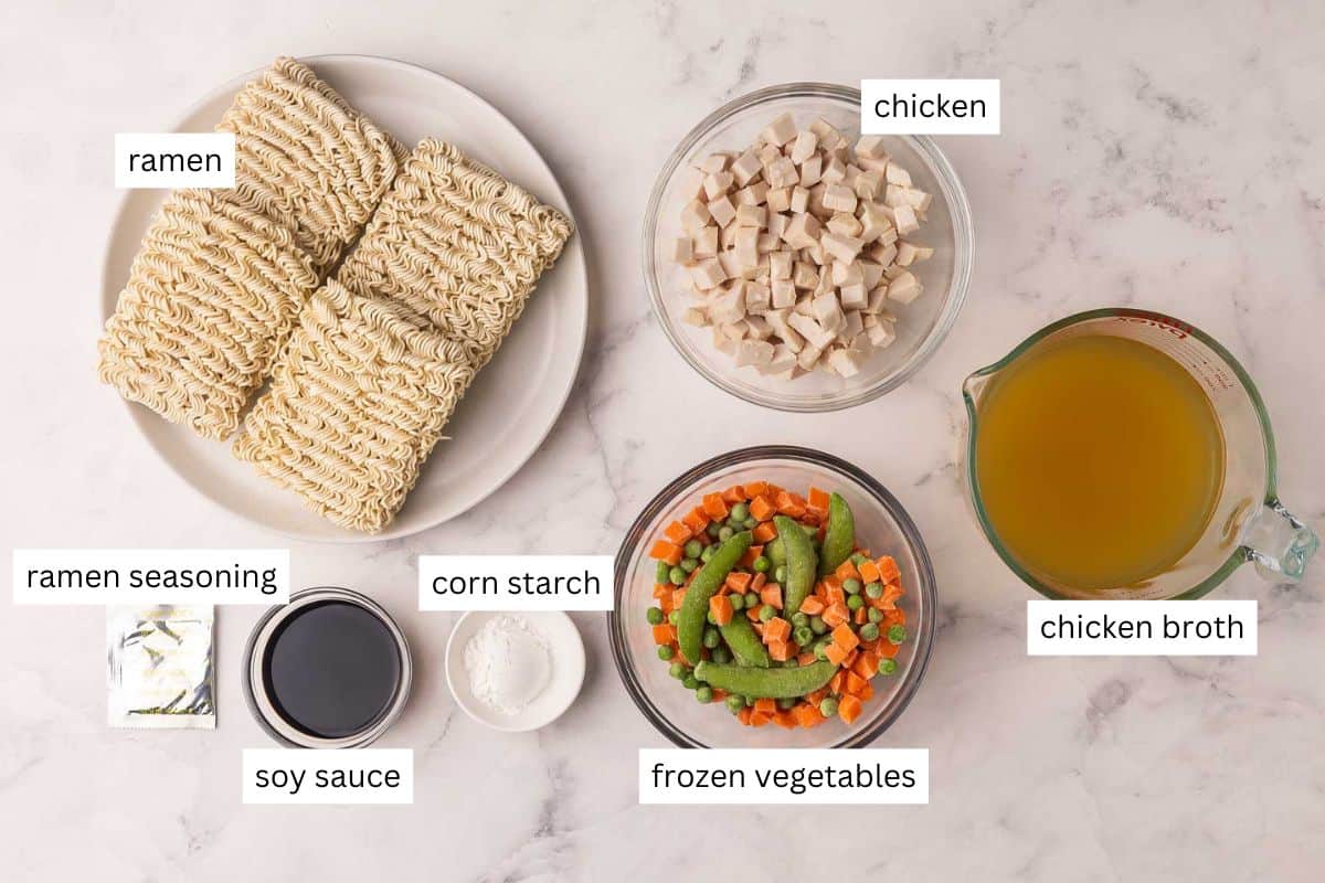 This Teriyaki Chicken Ramen Bake is a quick and easy 30-minute dinner with ramen noodles, tender cooked chicken breast, frozen veggies, and a sweet-savory sauce baked in one casserole dish! It's kid-friendly, customizable, and perfect for busy weeknights. #chicken #dinner | easy dinner ideas | chicken breast recipes | quick meals | easy recipes ingredients needed for teriyaki chicken ramen bake in bowls and plate.