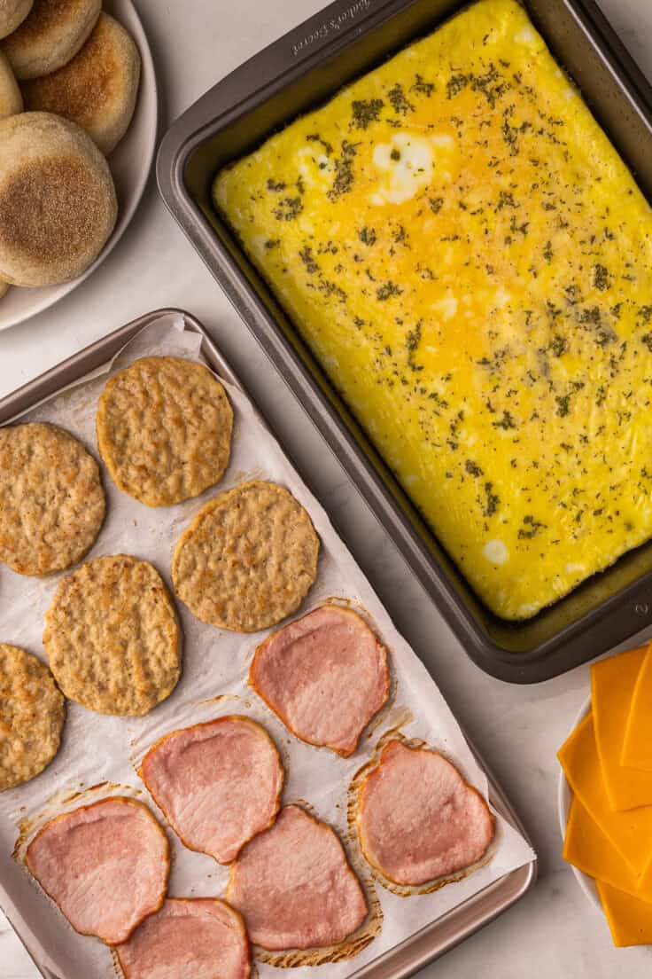 overhead shot of ingredients needed for breakfast sandwiches.