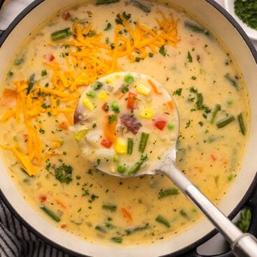 a scoop of creamy vegetable soup coming out of the pot.