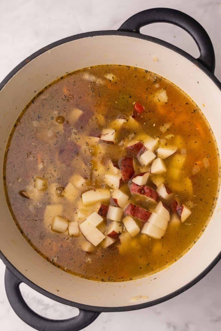 broth added to vegetables in large pot.